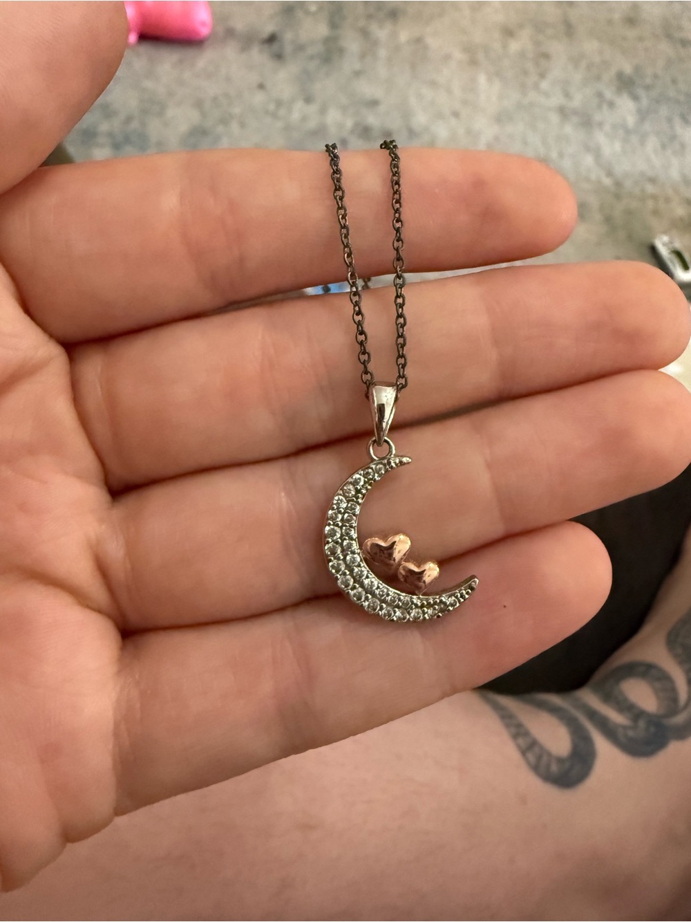 Source Unknown Silver Crescent Necklace with Rose Gold Hearts